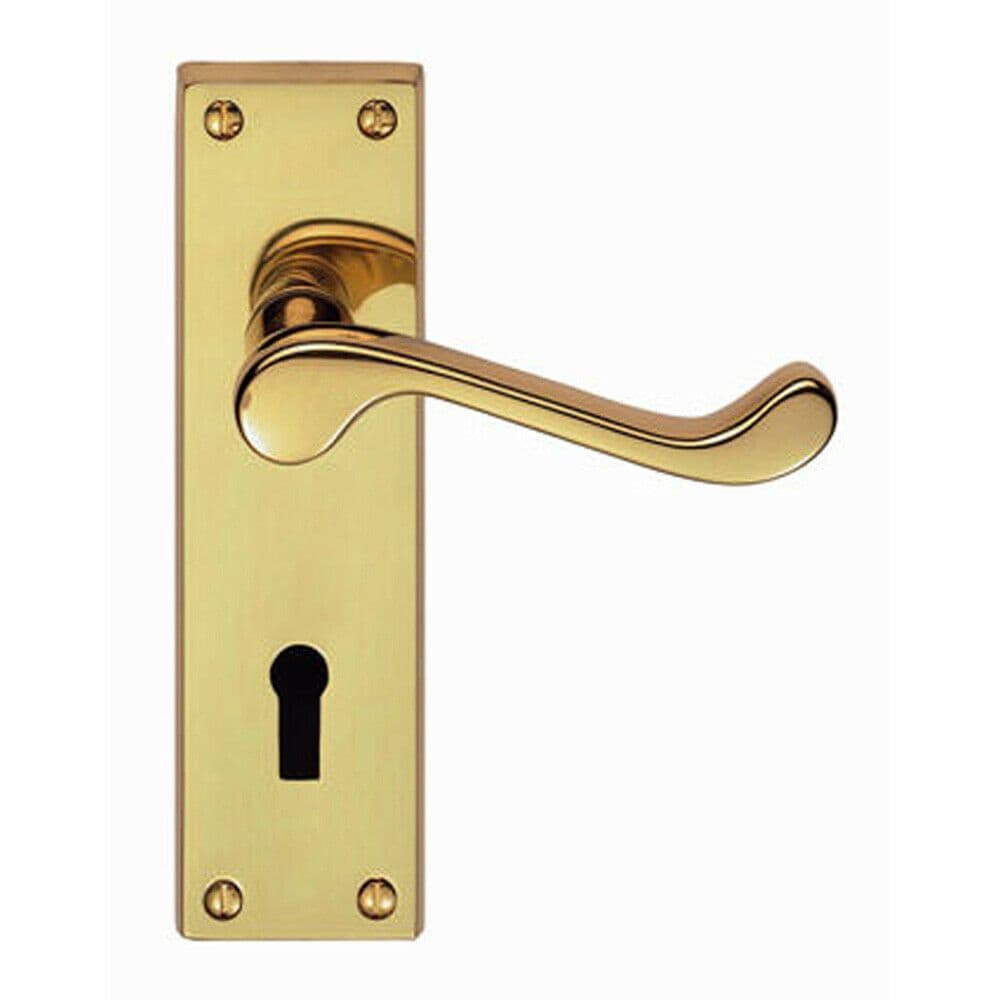PAIR Victorian Scroll Handle on Lock Backplate 150 x 43mm Polished Brass