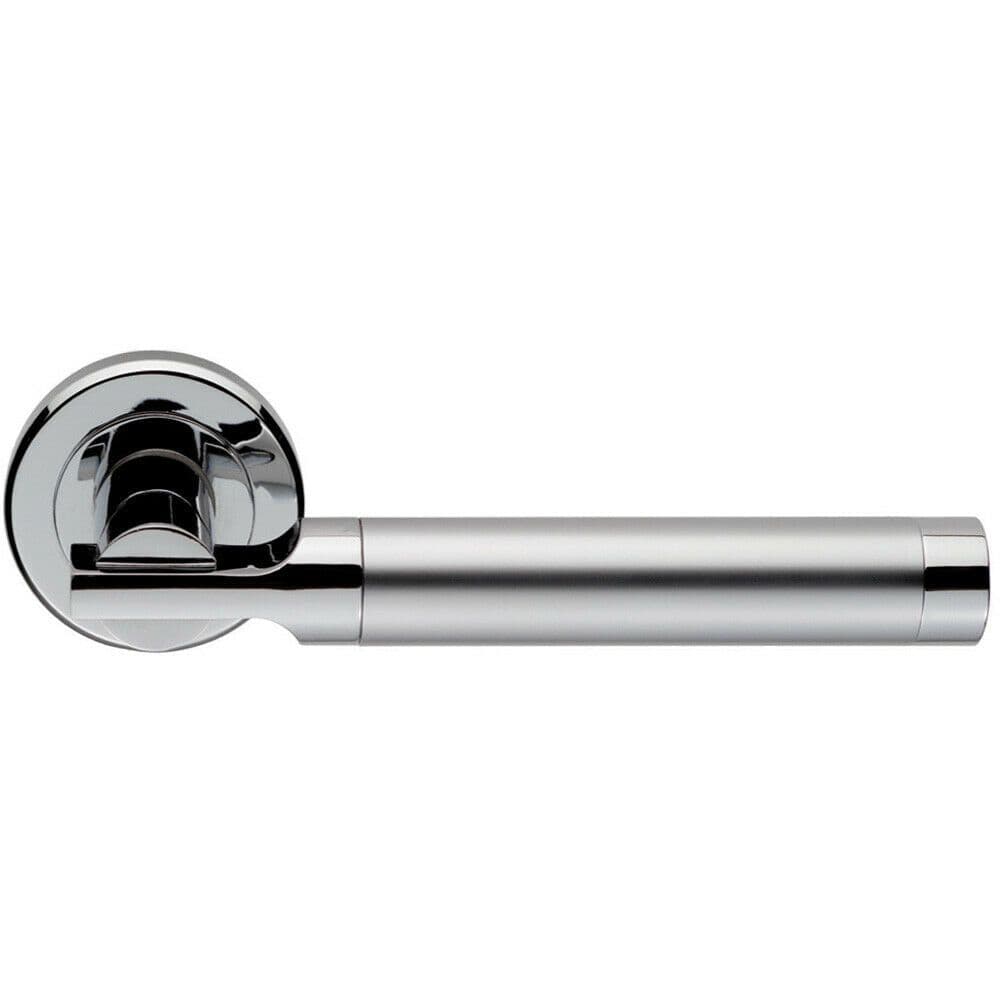PAIR Round Bar Handle on Chamfered Edged Round Rose Satin & Polished Chrome
