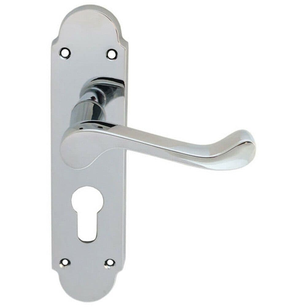 PAIR Victorian Upturned Lever on Euro Lock Backplate 170 x 42 Polished Chrome