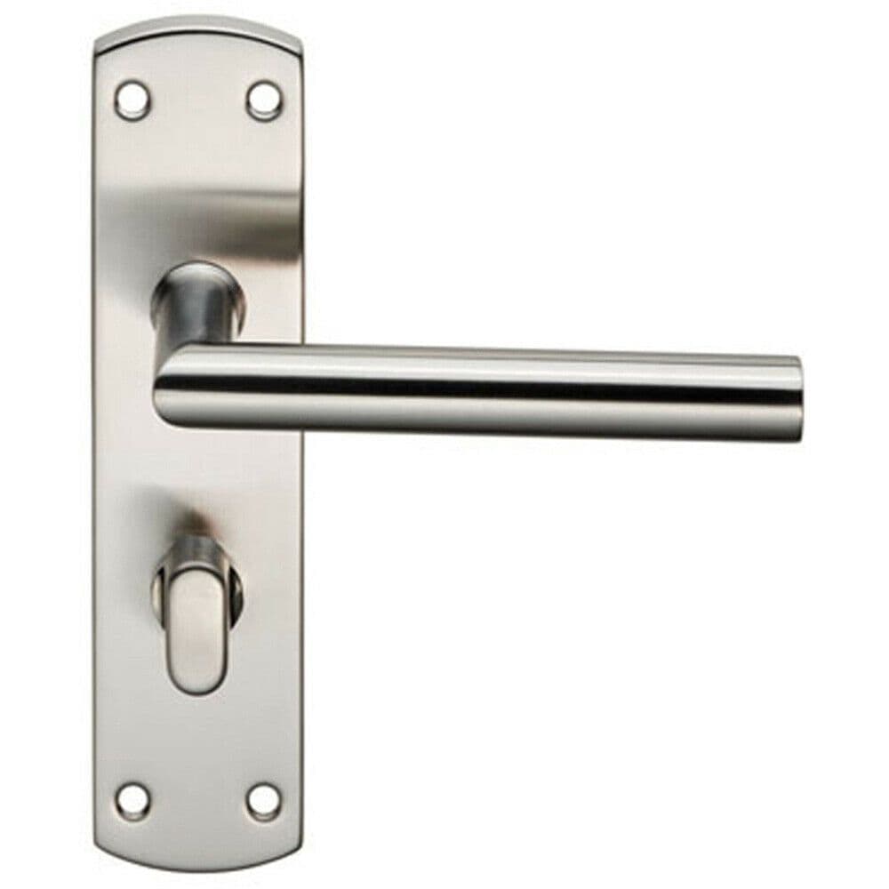 Mitred Lever on Bathroom Backplate Door Handle Thumbturn Lock Satin Steel
