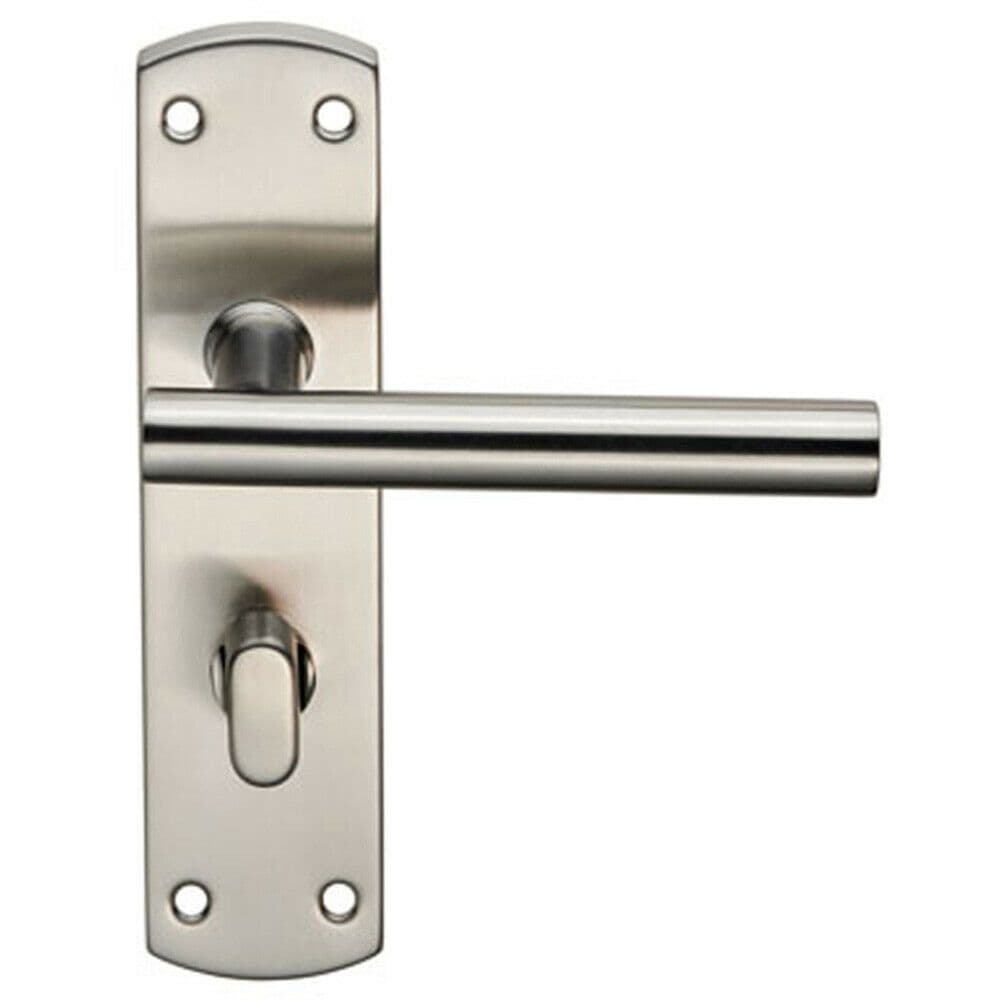 Mitred T Bar Lever on Bathroom Backplate Handle Thumbturn Lock Satin Steel