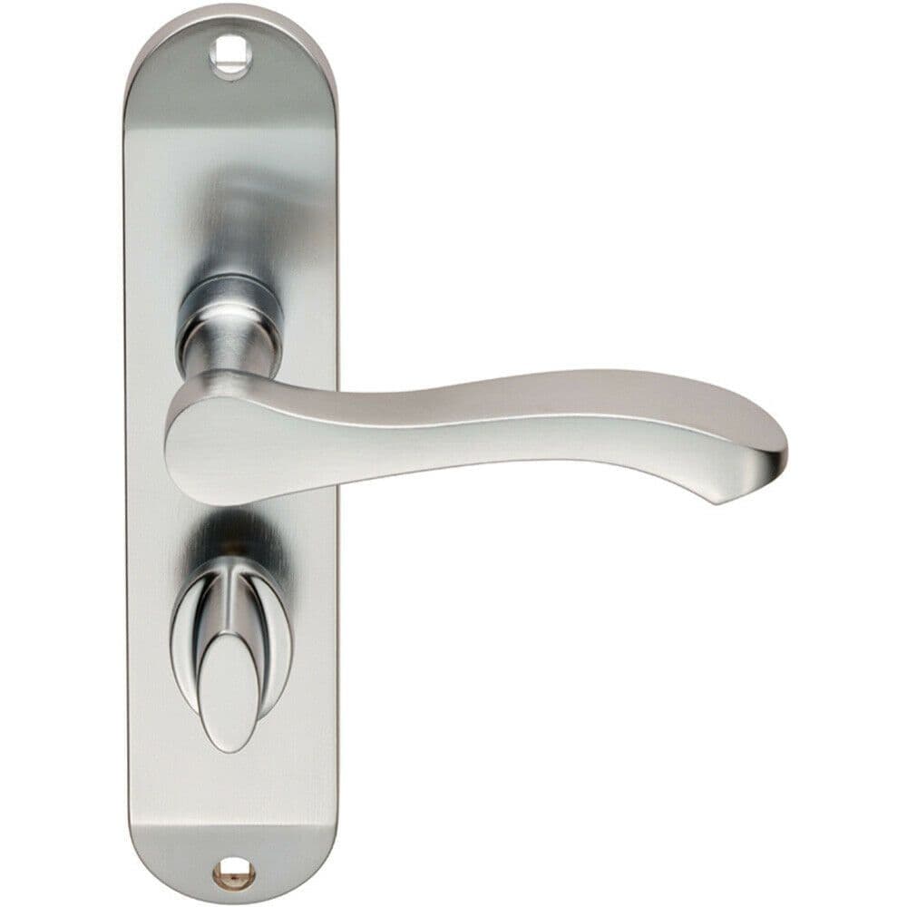 PAIR Scroll Lever Door Handle on Bathroom Backplate 180 x 40mm Satin Chrome