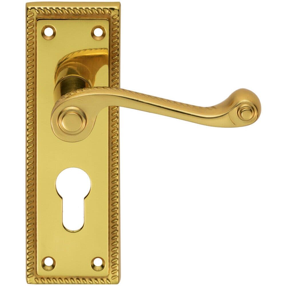 PAIR Reeded Design Scroll Lever on Euro Lock Backplate 150 x 48mm Polished Brass
