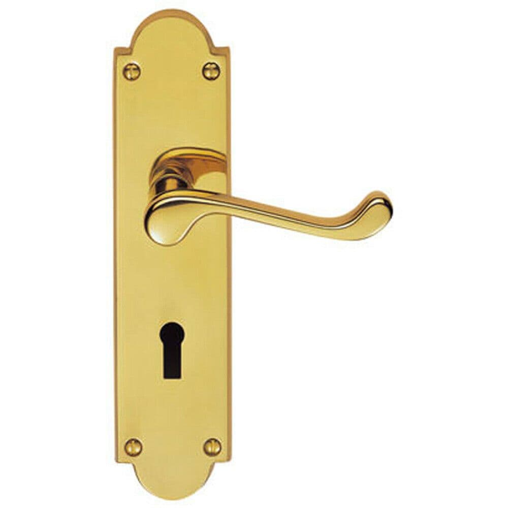 PAIR Victorian Scroll Handle on Lock Backplate 205 x 49mm Polished Brass