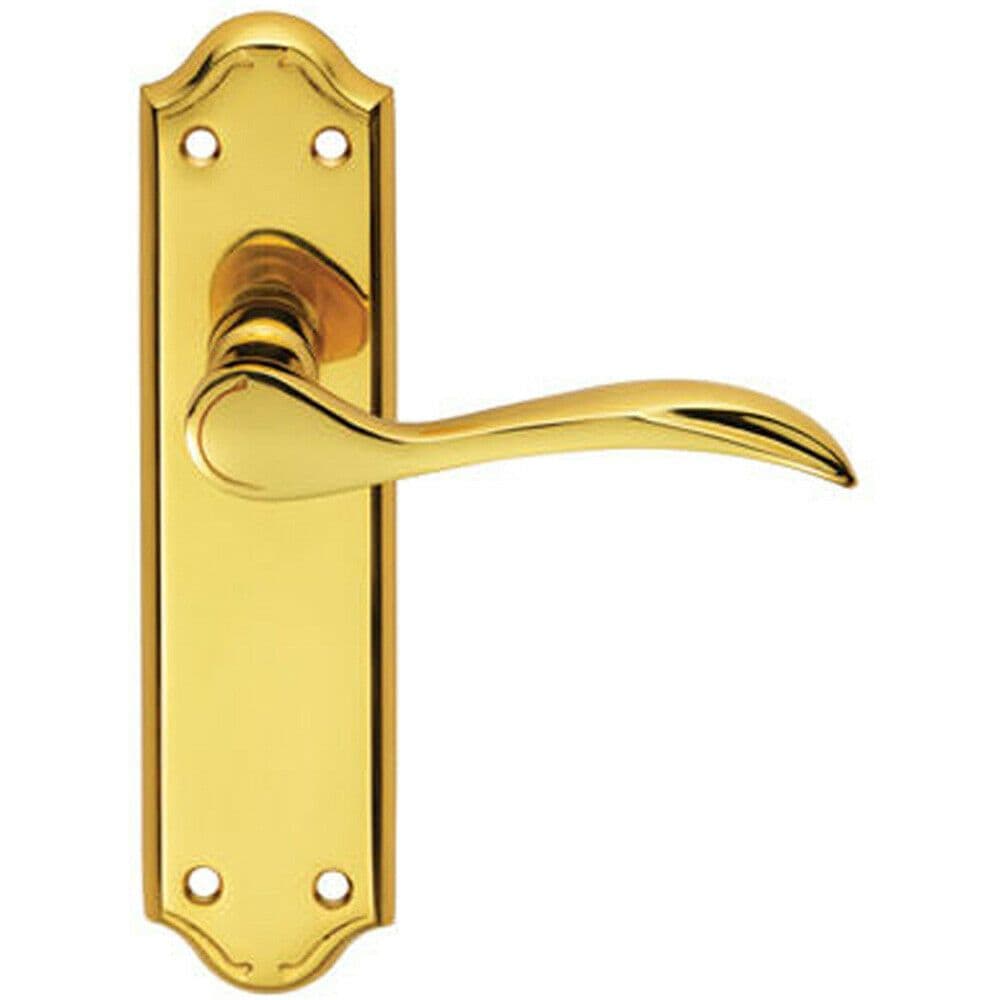 PAIR Curved Door Handle Lever on Latch Backplate 180 x 45mm Polished Brass