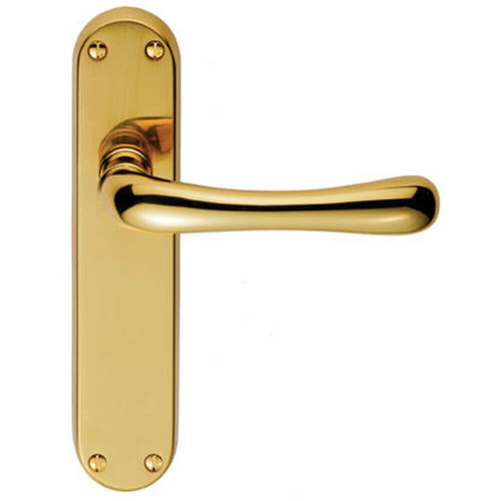 PAIR Smooth Rounded Lever on Shaped Latch Backplate 185 x 42mm Polished Brass