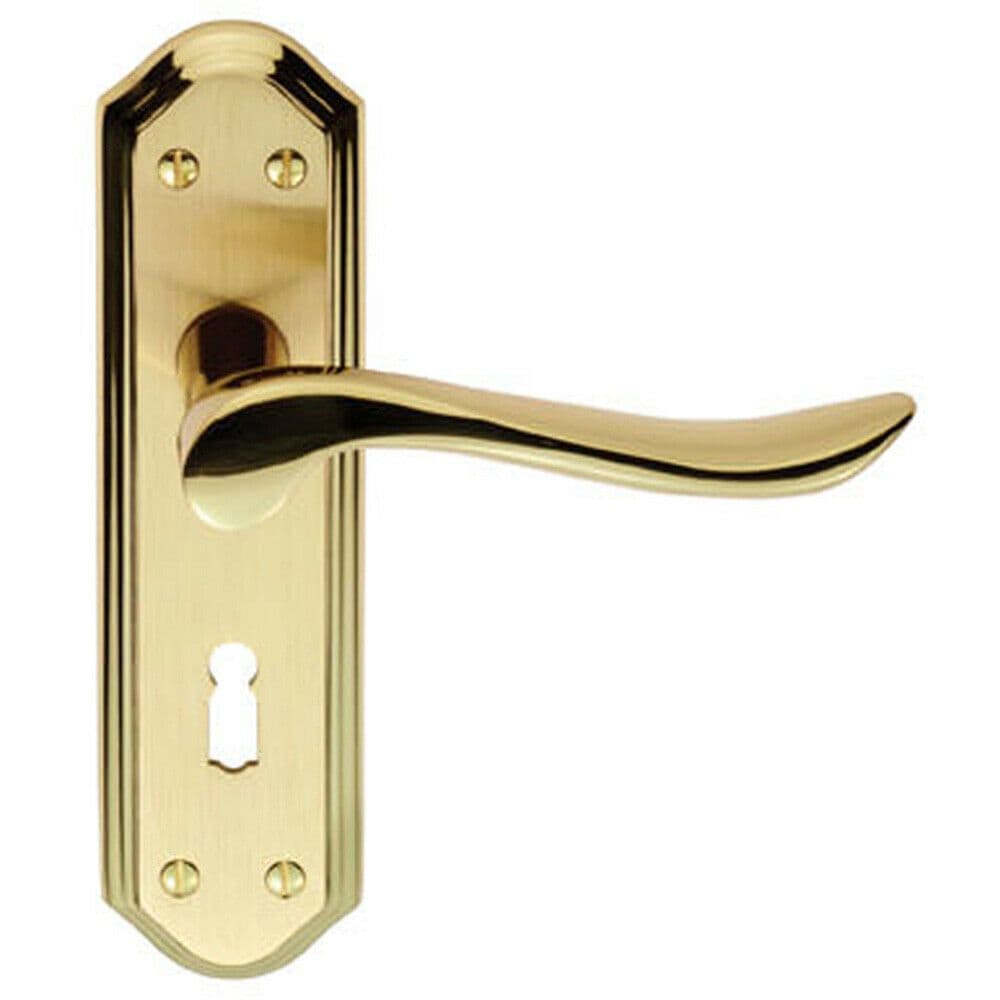 PAIR Curved Lever on Sculpted Edge Backplate 180 x 48mm Satin Polished Brass