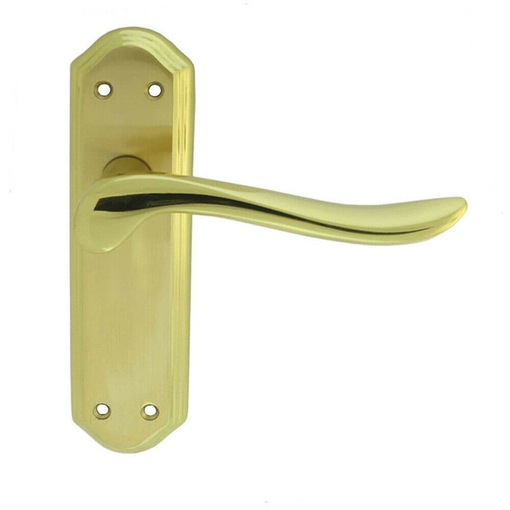 PAIR Curved Lever on Sculpted Latch Backplate 180 x 48mm Satin Polished Brass