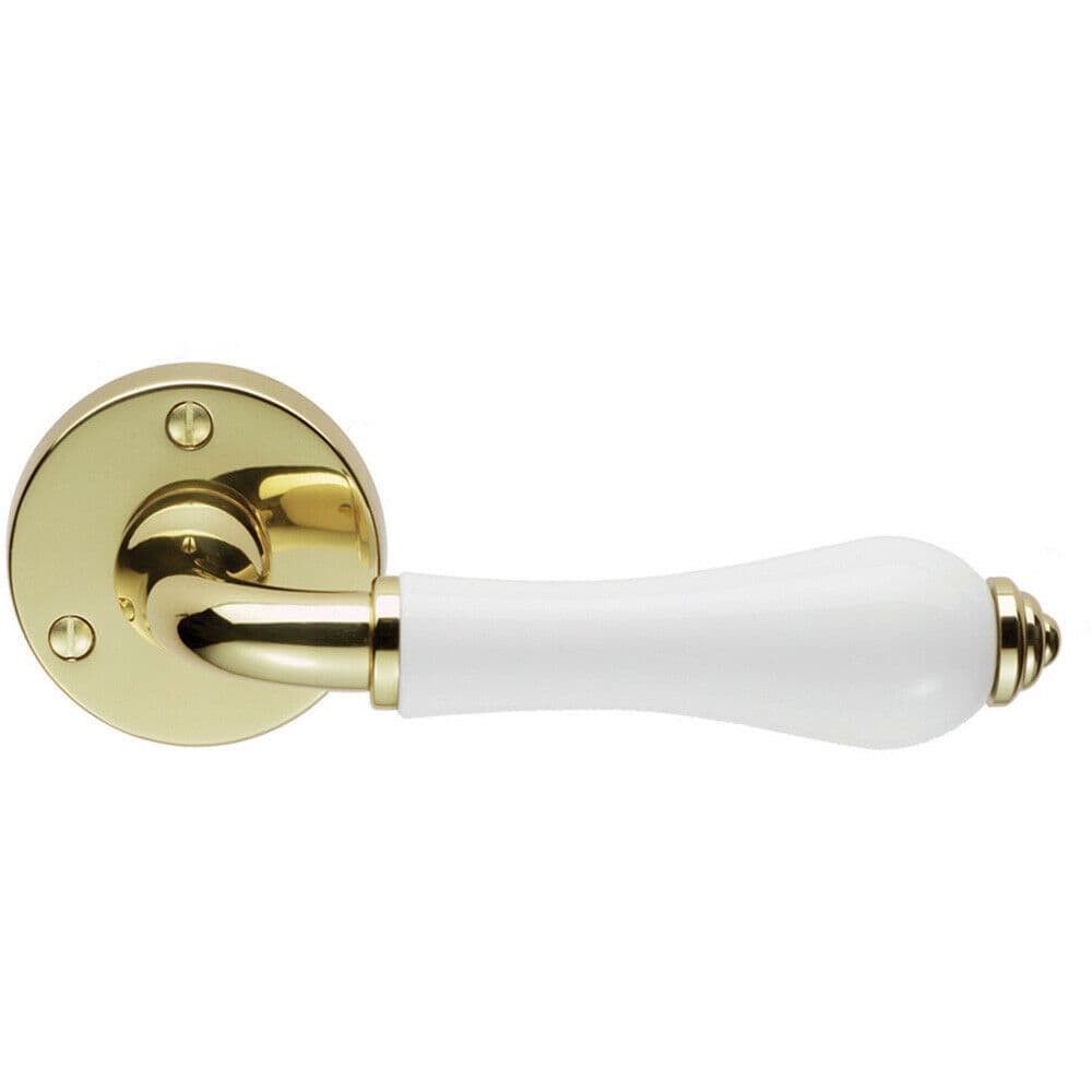 PAIR Porcelain Handle Ringed Detailing 58mm Round Polished Brass