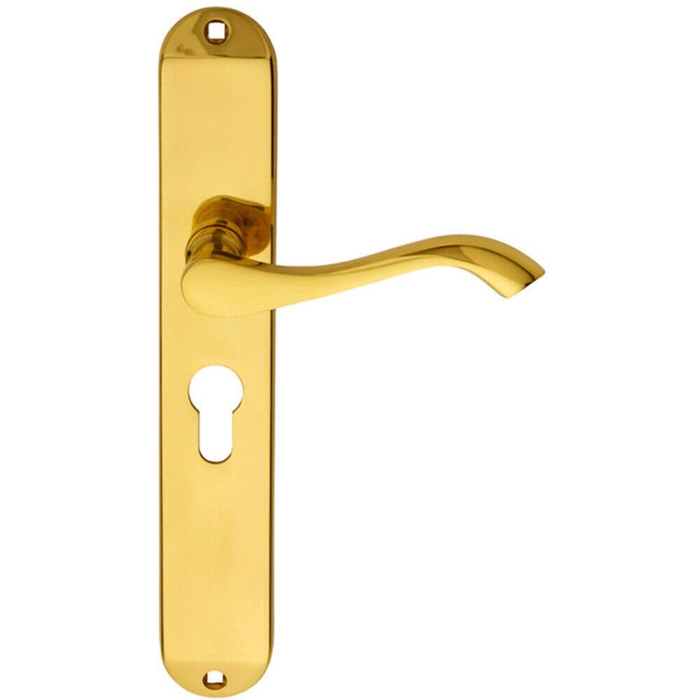 PAIR Curved Lever on Long Slim Euro Lock Backplate 241 x 40mm Polished Brass