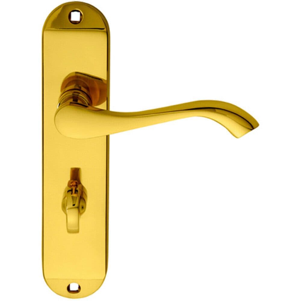 PAIR Curved Handle on Chamfered Bathroom Backplate 180 x 40mm Polished Brass