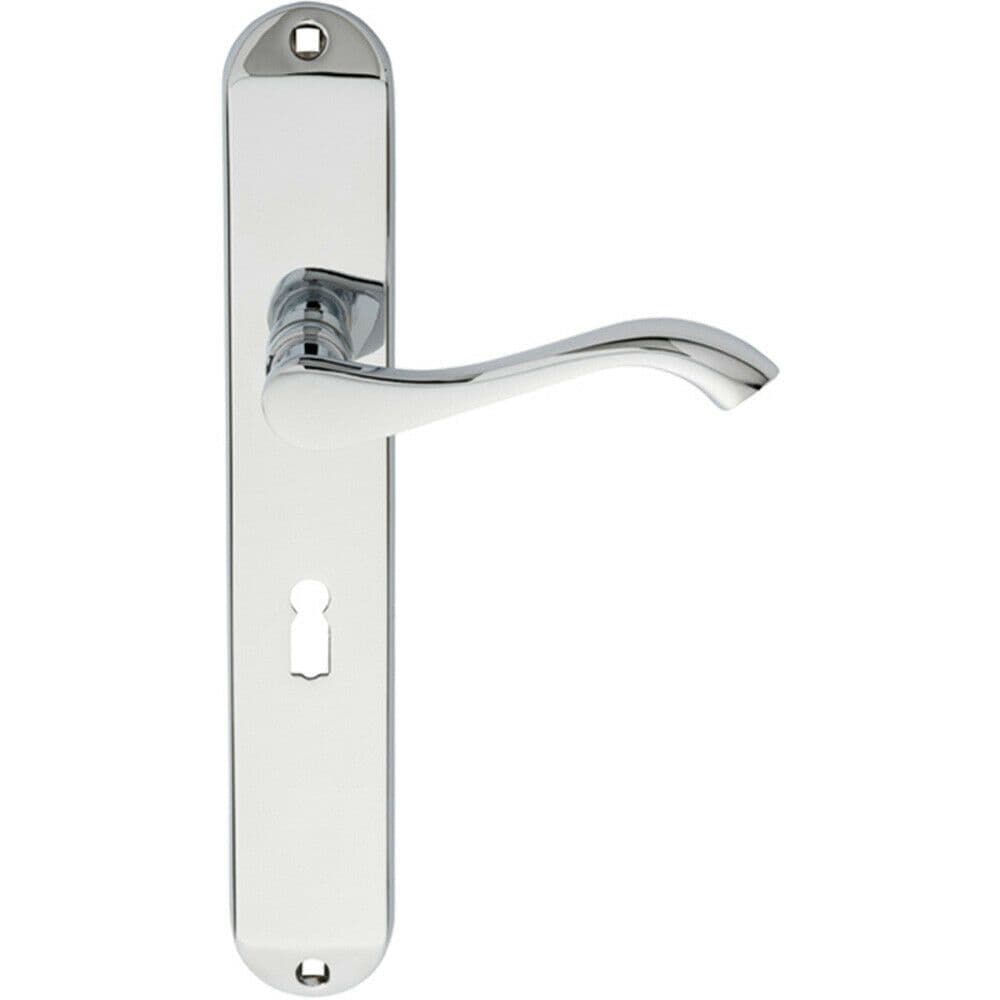 PAIR Curved Handle on Long Slim Lock Backplate 241 x 40mm Polished Chrome
