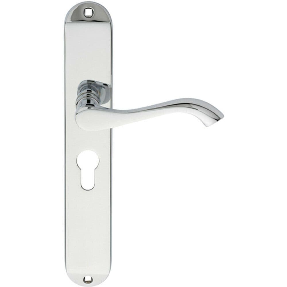 PAIR Curved Lever on Long Slim Euro Lock Backplate 241 x 40mm Polished Chrome