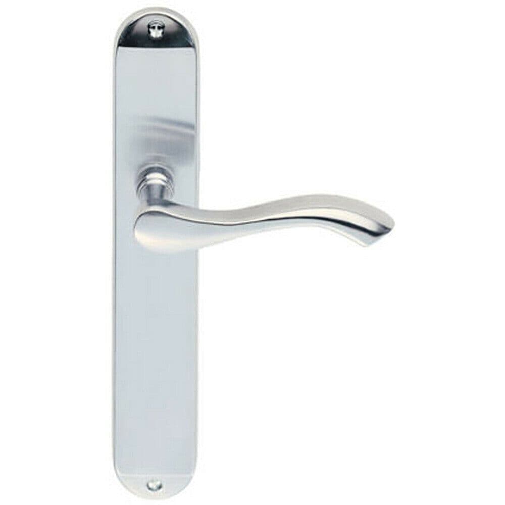 PAIR Curved Handle on Long Slim Latch Backplate 241 x 40mm Satin Chrome