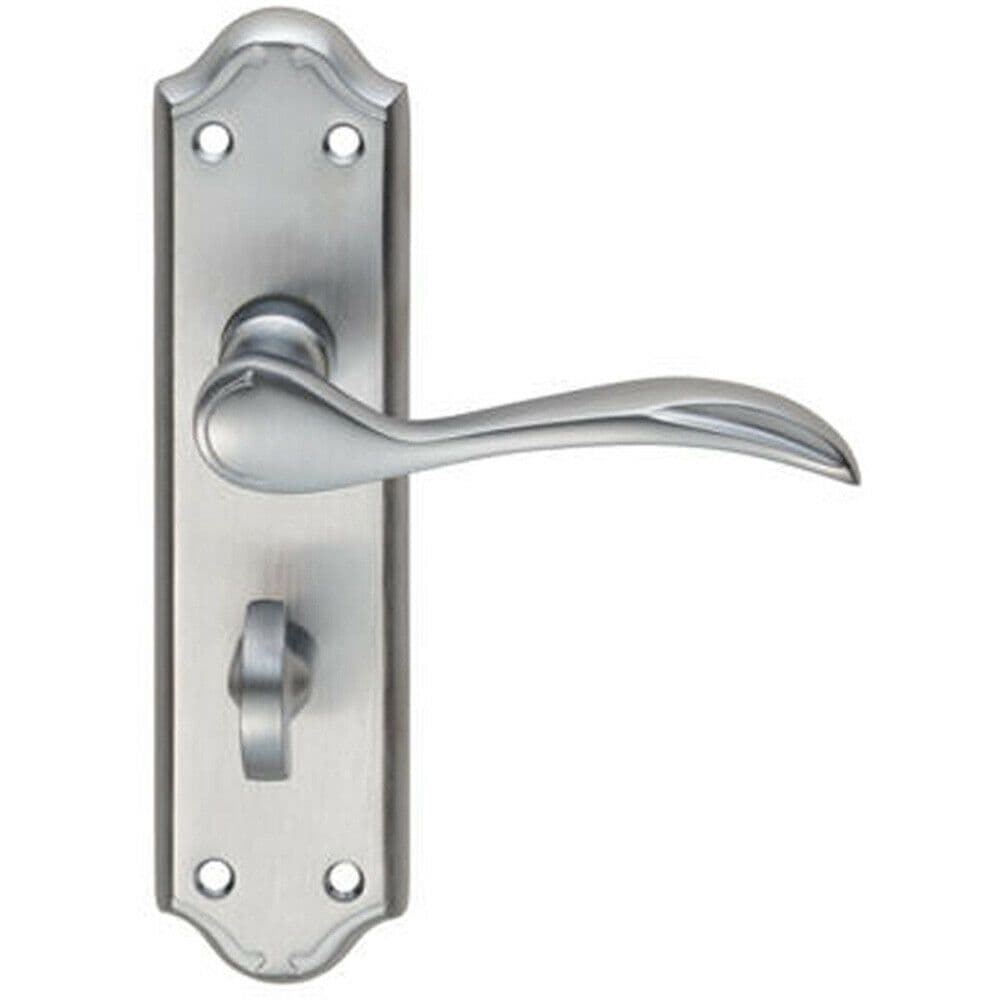 PAIR Curved Door Handle Lever on Bathroom Backplate 180 x 45mm Satin Chrome