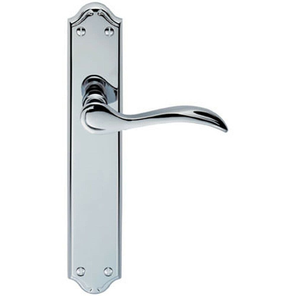PAIR Curved Handle on Long Latch Backplate 245 x 45mm Polished Chrome