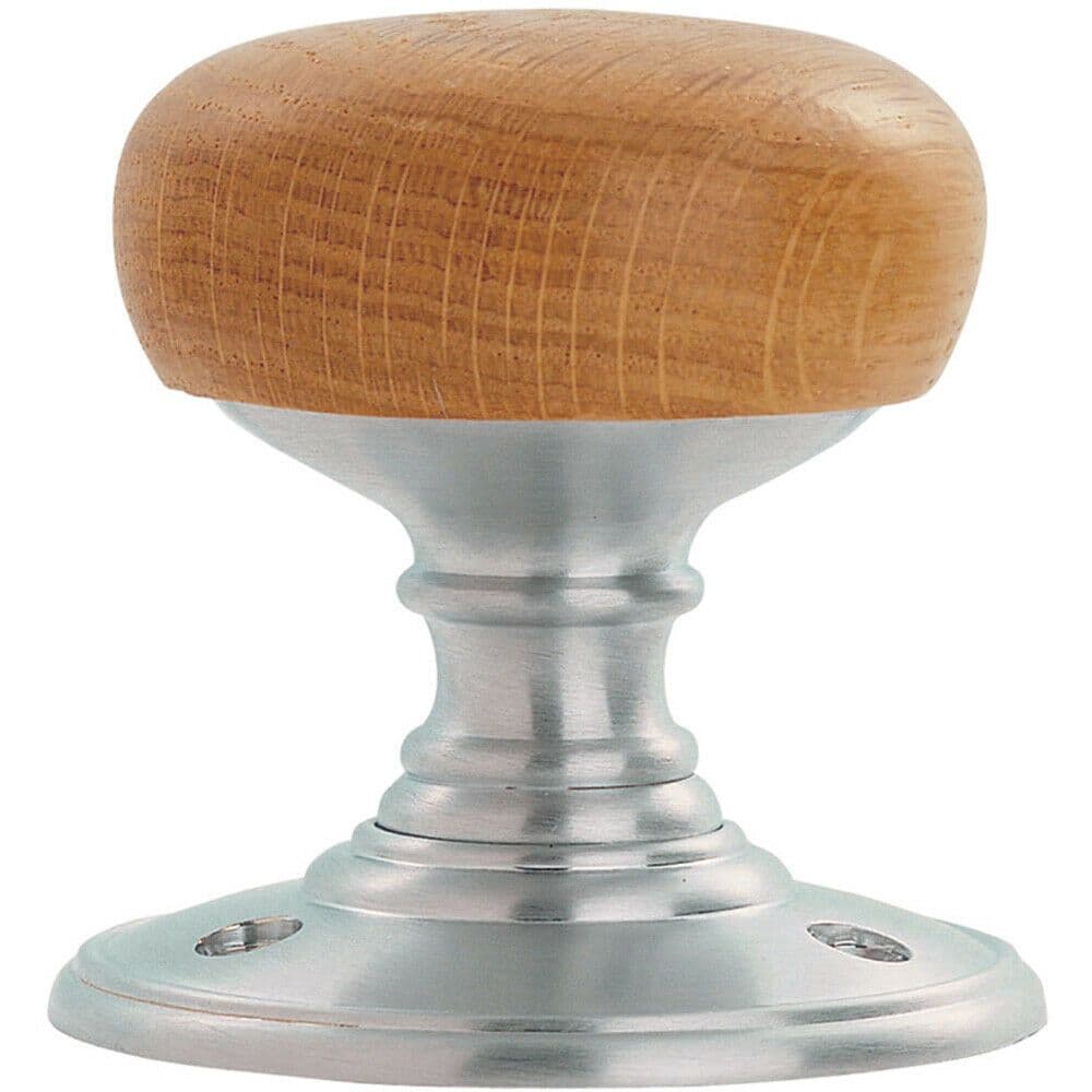 PAIR Rounded Mortice Door Knob 60mm Diameter Oak Wood on Satin Chrome