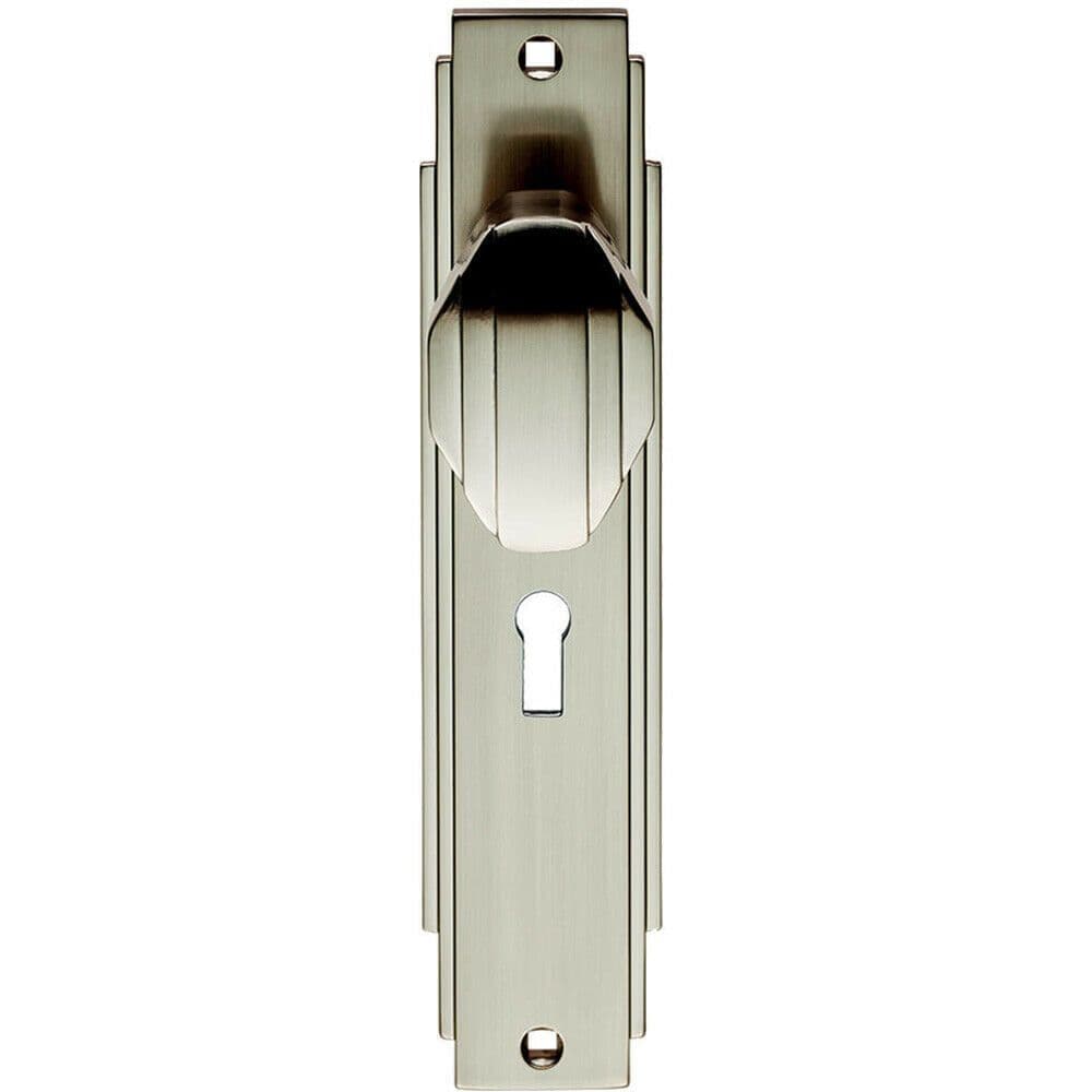 PAIR Line Detailed Door Knob on Lock Backplate 205 x 45mm Satin Nickel