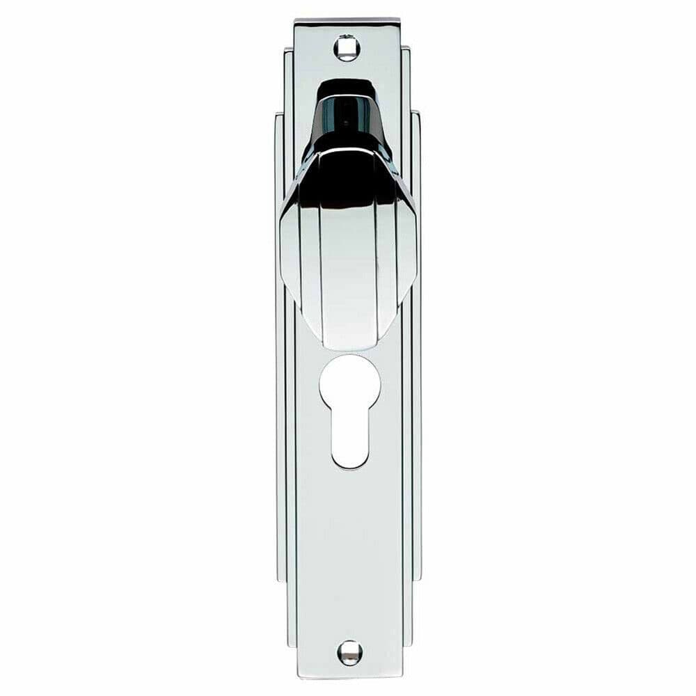 PAIR Line Detailed Door Knob on Euro Lock Backplate 205 x 45mm Polished Chrome