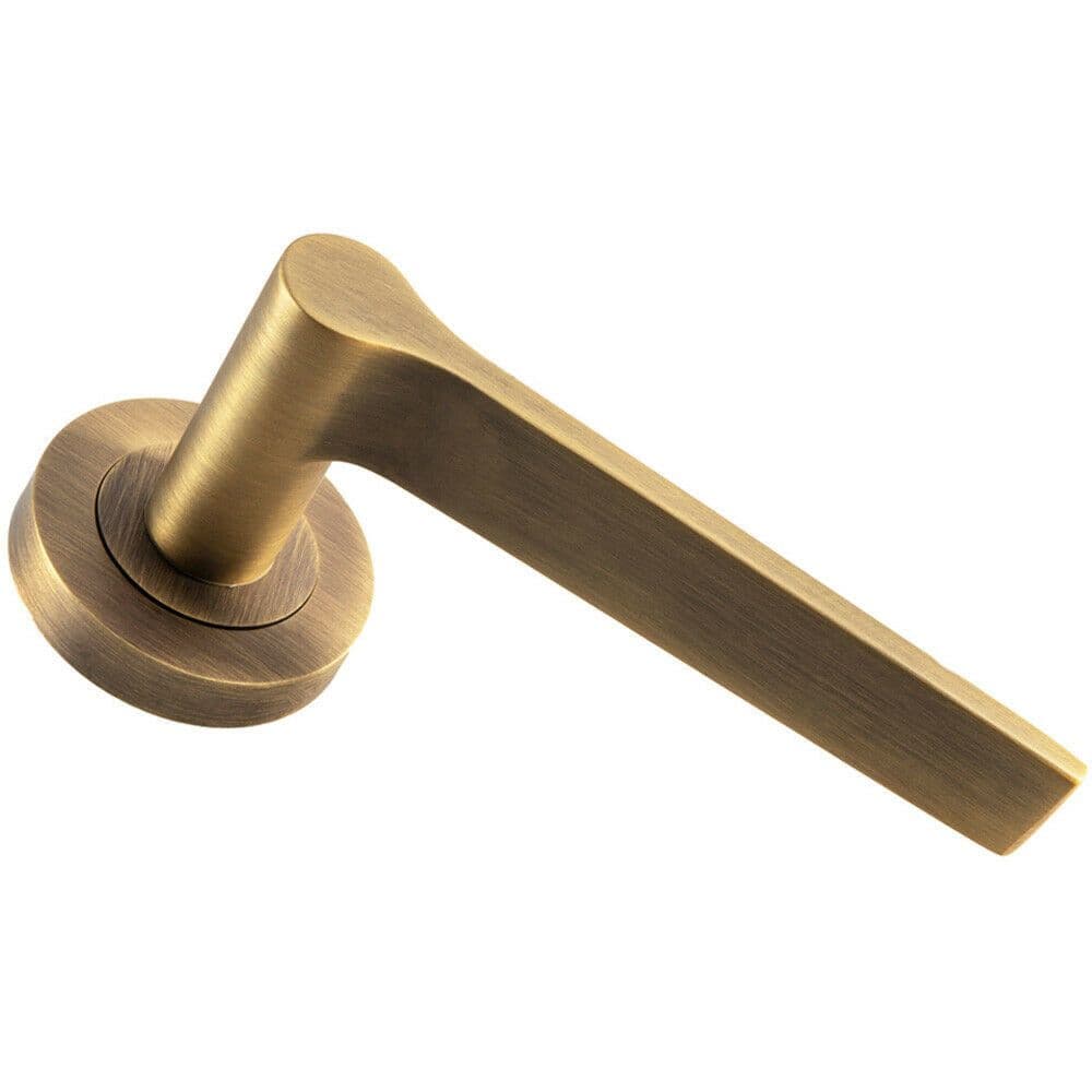 PAIR Straight Rounded Handle on Round Rose Concealed Fix Antique Brass