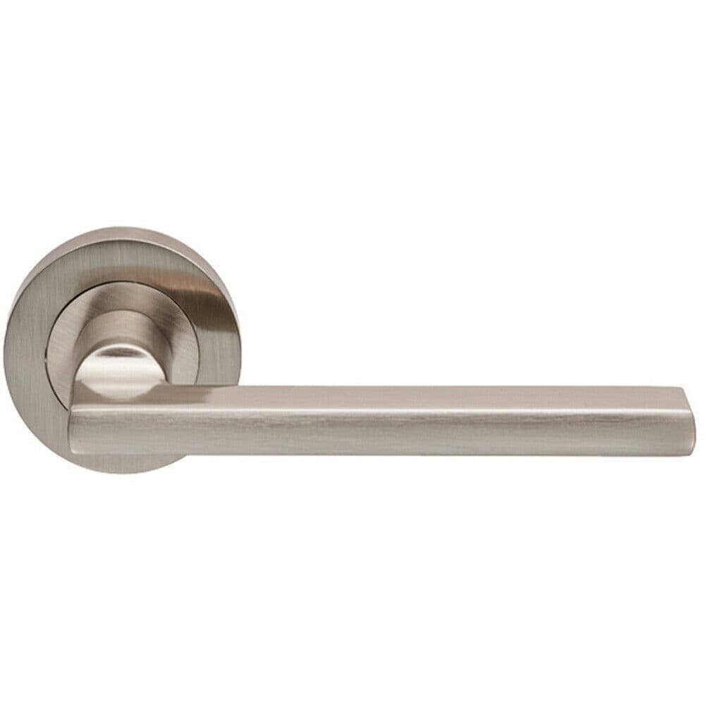 PAIR Straight Plinth Mounted Handle on Round Rose Concealed Fix Satin Nickel