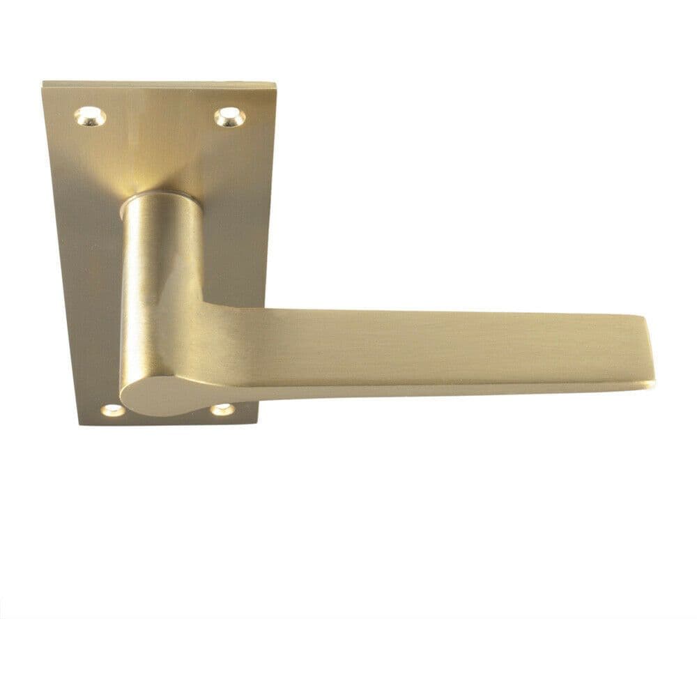 PAIR Flat Straight Handle on Slim Lock Backplate 150 x 50mm Satin Brass