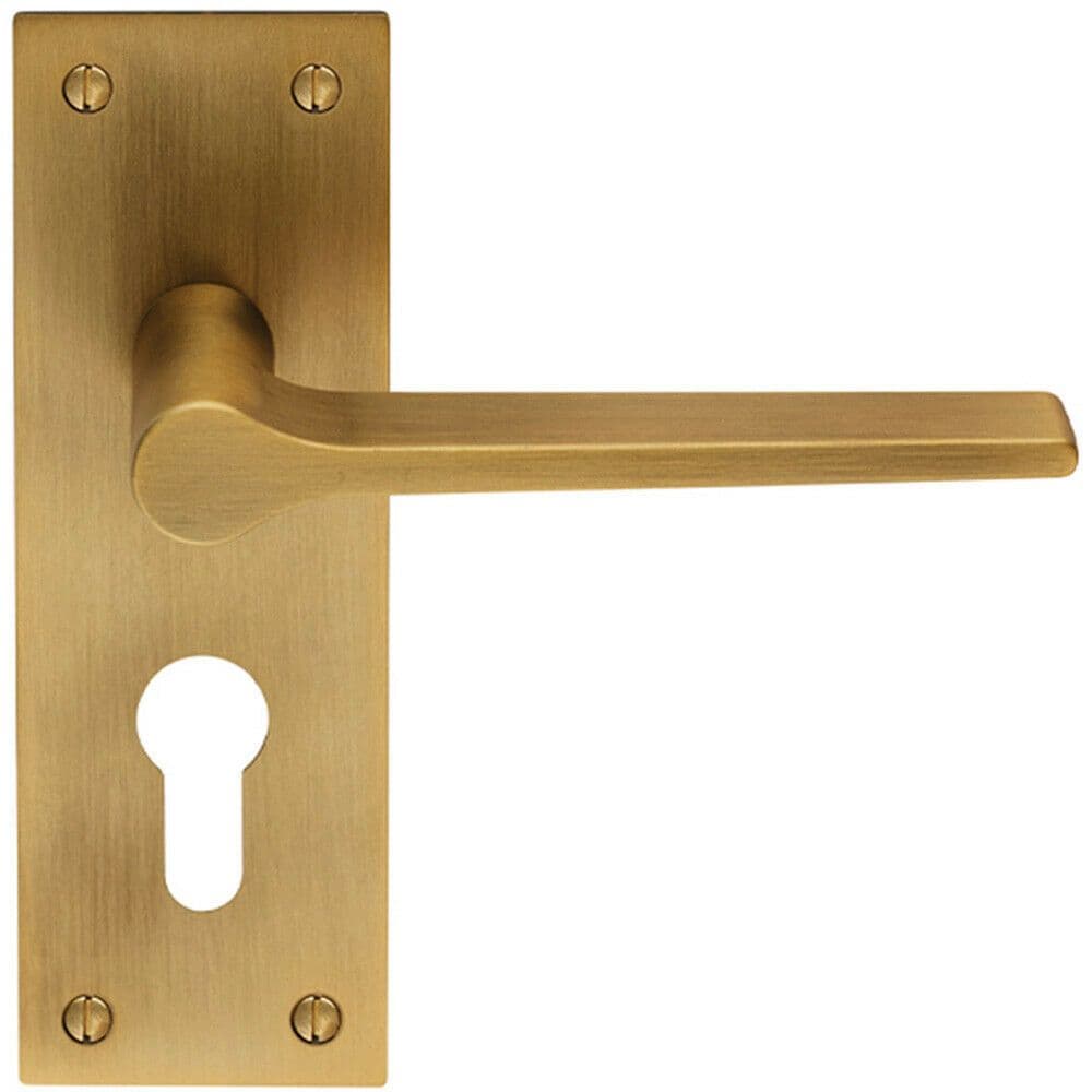 PAIR Flat Straight Lever on Slim Euro Lock Backplate 150 x 50mm Antique Brass