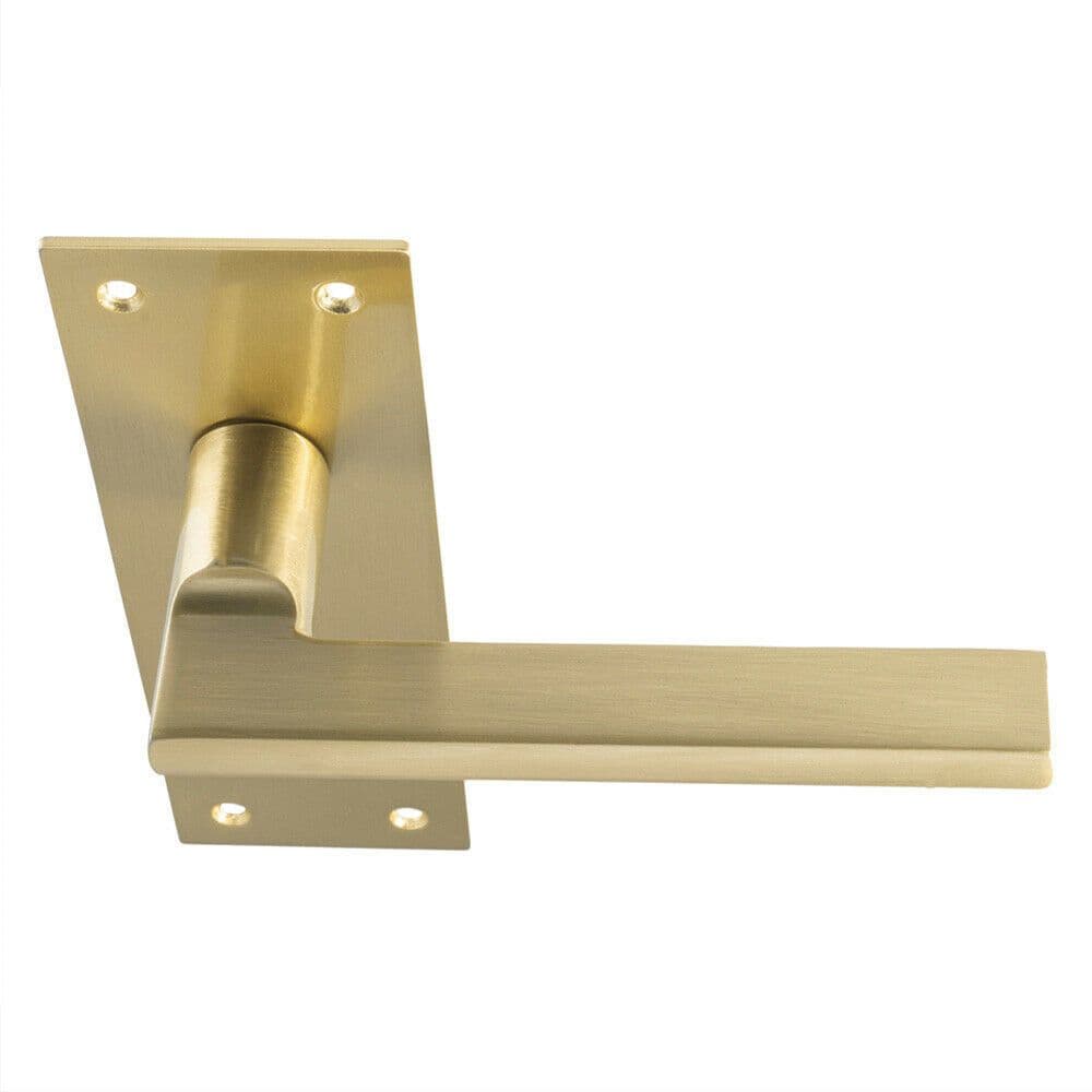 PAIR Straight Bar Handle on Slim Lock Backplate 150 x 50mm Satin Brass
