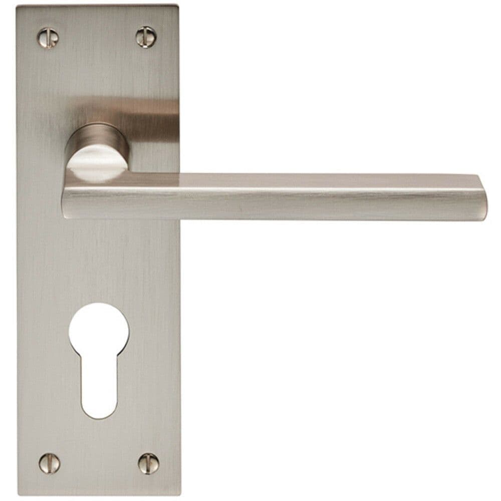 PAIR Straight Bar Handle on Slim Euro Lock Backplate 150 x 50mm Satin Nickel