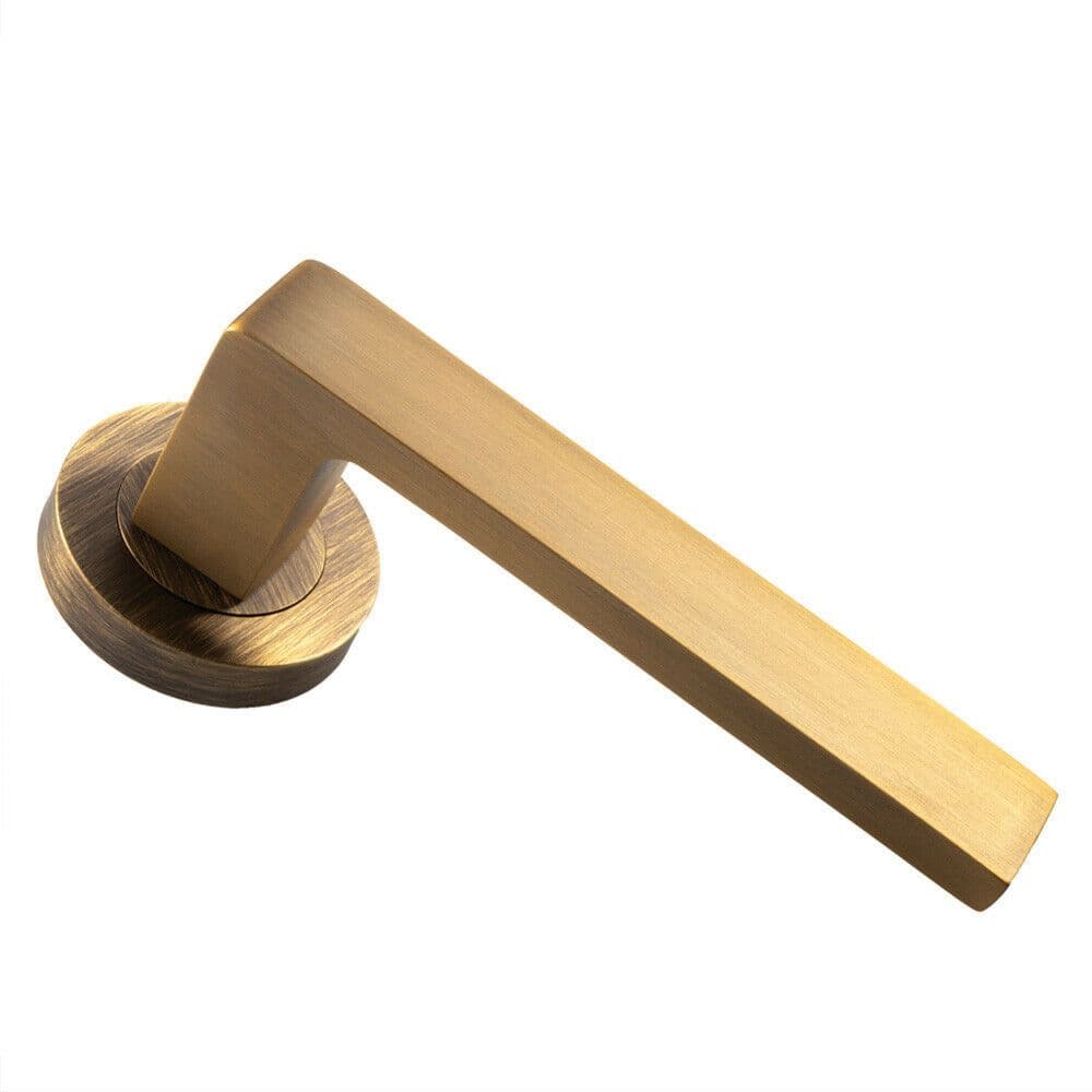 PAIR Straight Square Handle on Round Concealed Fix Antique Brass