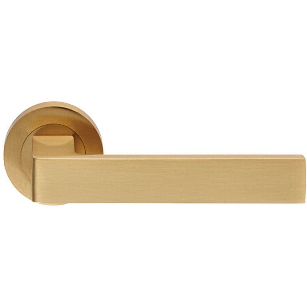 PAIR Straight Square Handle on Round Rose Concealed Fix Satin Brass