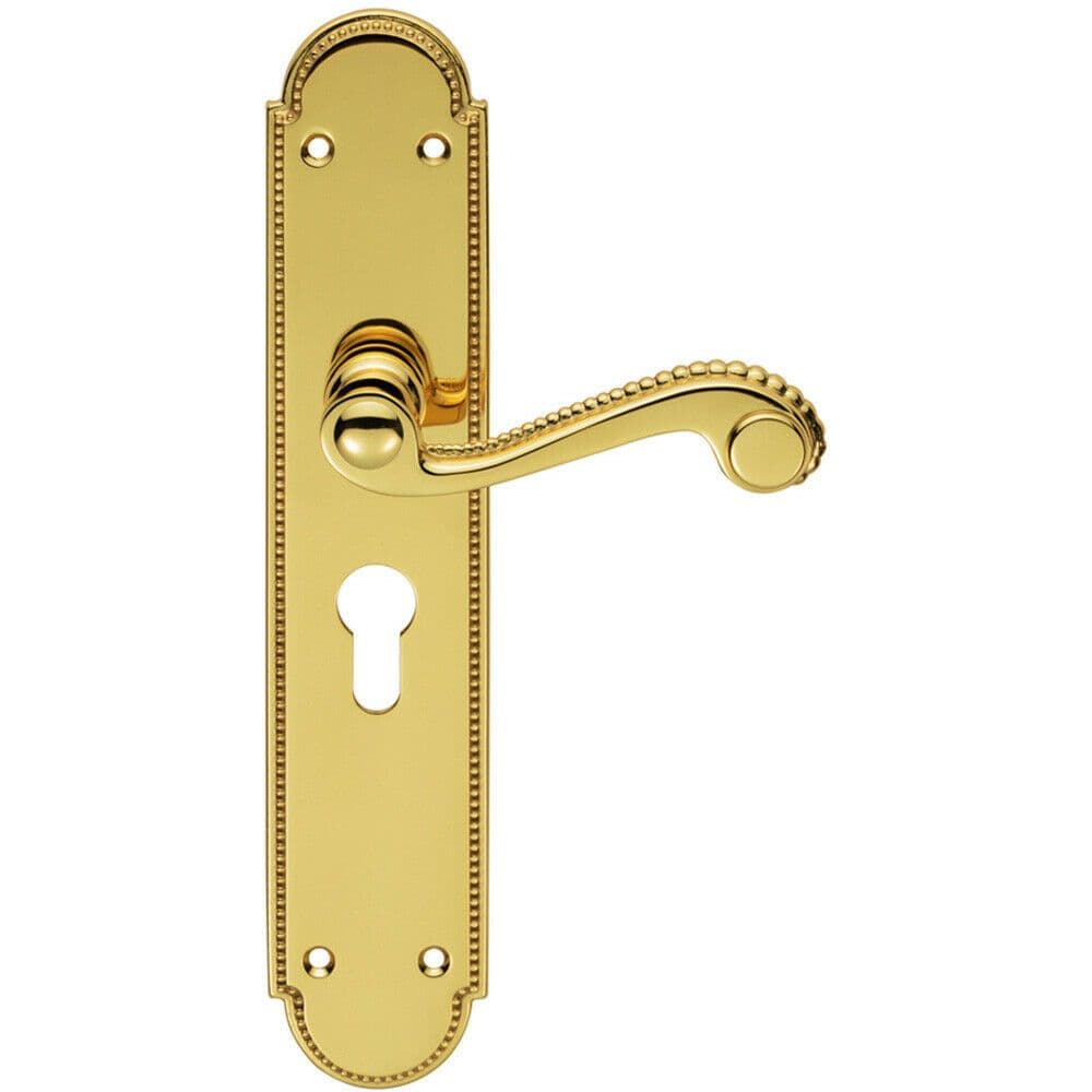 PAIR Beaded Pattern Handle on Euro Lock Backplate 249 x 50mm Polished Brass