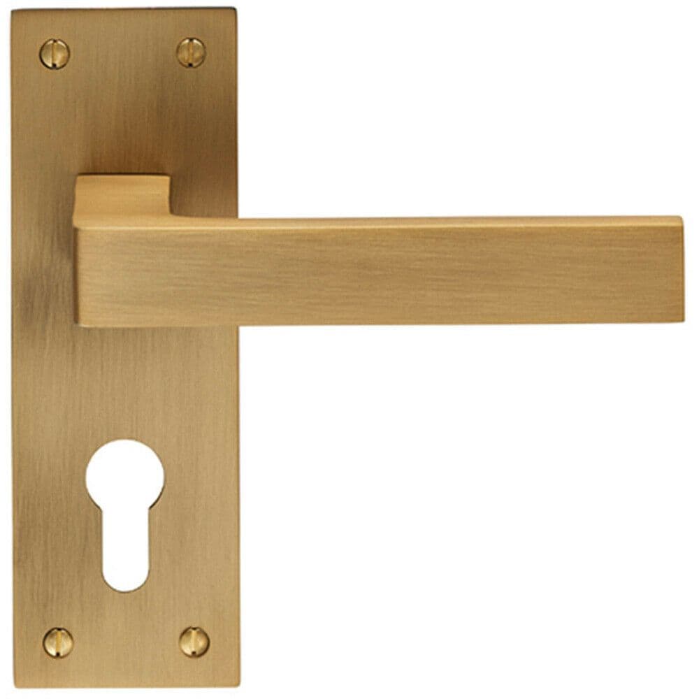 PAIR Straight Square Handle on Euro Lock Backplate 150 x 50mm Antique Brass