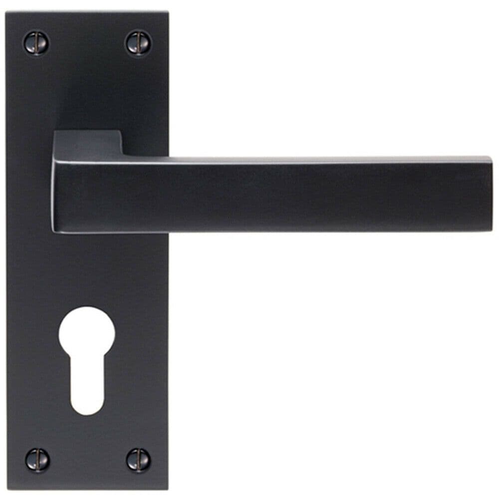 PAIR Straight Square Handle on Euro Lock Backplate 150 x 50mm Matt Black
