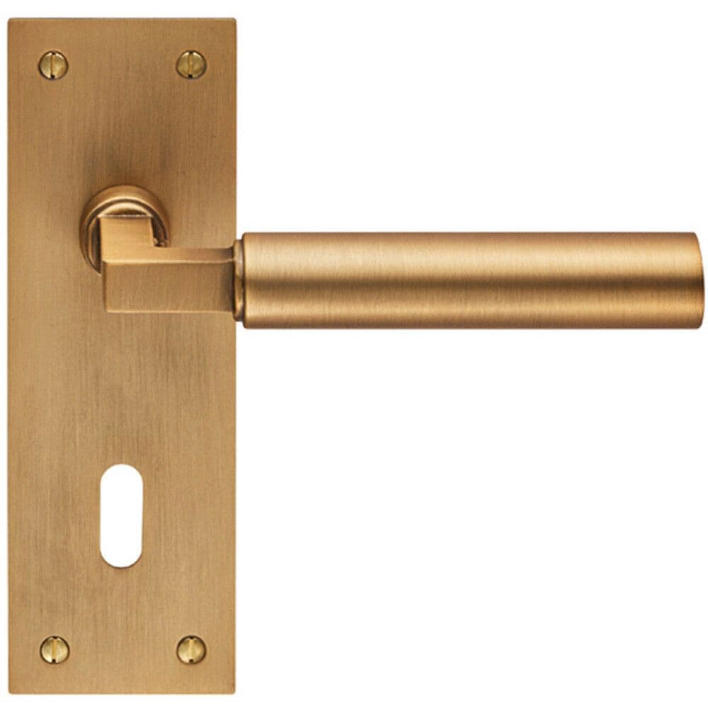 PAIR Round Bar Handle on Slim Lock Backplate 150 x 50mm Antique Brass