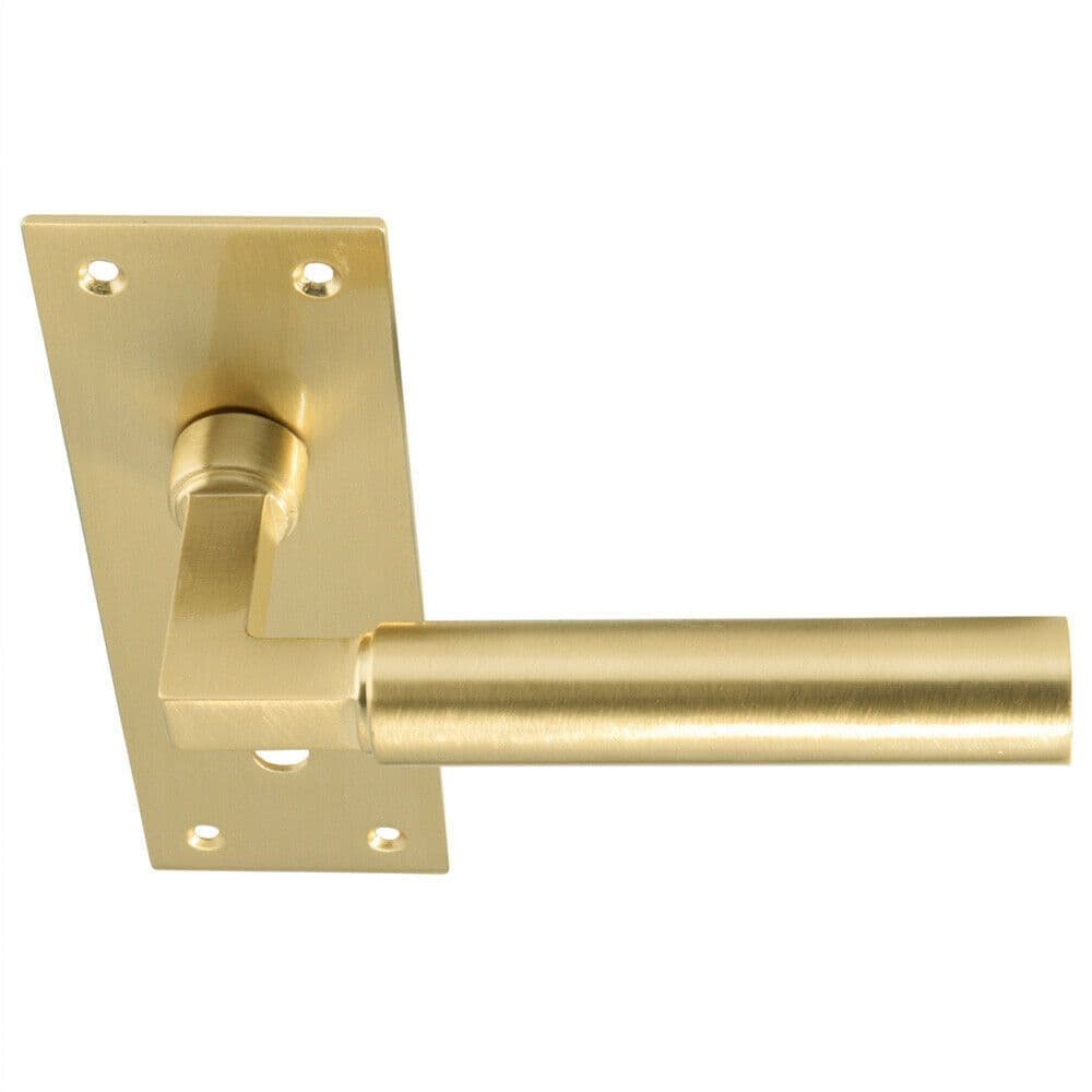 PAIR Round Bar Handle on Slim Lock Backplate 150 x 50mm Satin Brass
