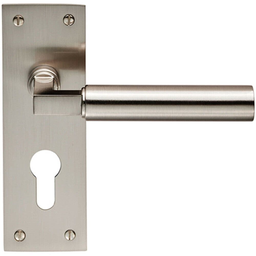 PAIR Round Bar Handle on Slim Euro Lock Backplate 150 x 50mm Satin Nickel