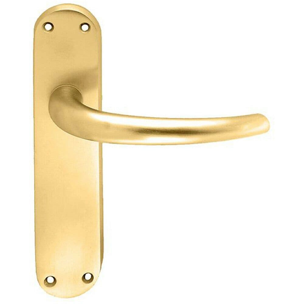 PAIR Slim Round Bar Handle on Shaped Latch Backplate 185 x 40mm Satin Brass