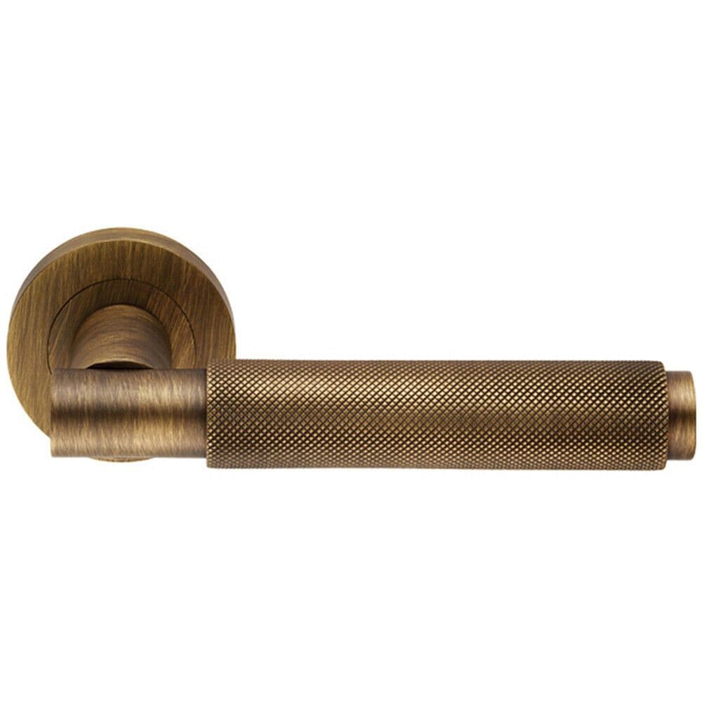 PAIR Knurled Grip Round Bar Handle on Round Rose Concealed Fix Antique Brass