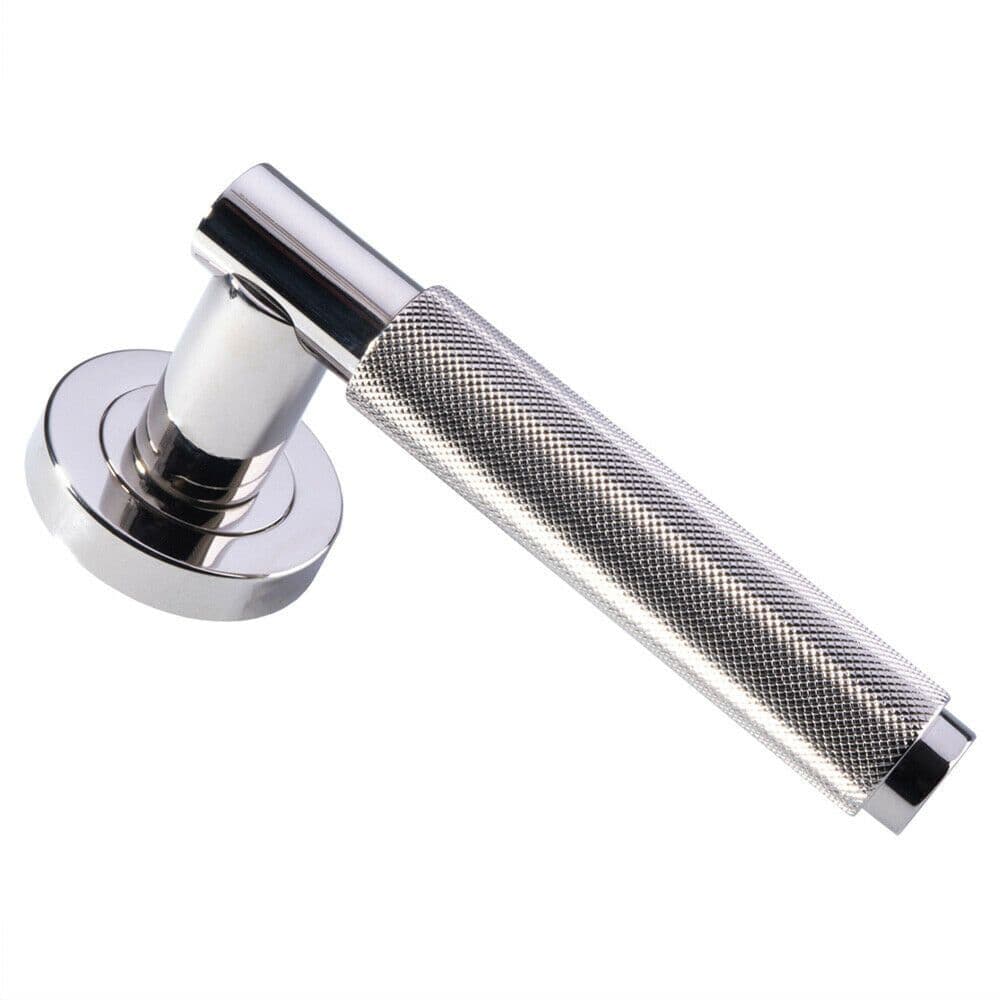 PAIR Knurled Grip Round Bar Lever on Round Concealed Fix Polished Nickel