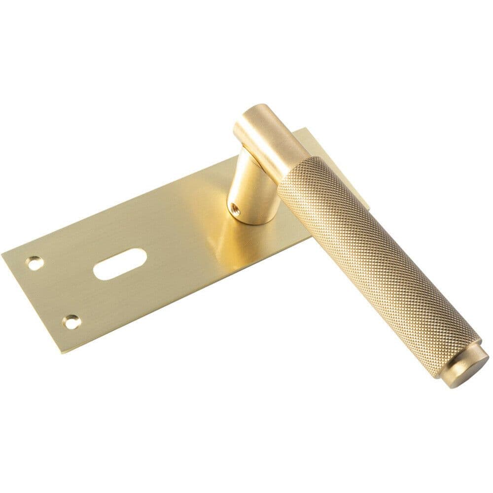PAIR Knurled Round Handle on Slim Lock Backplate 150 x 50mm Satin Brass
