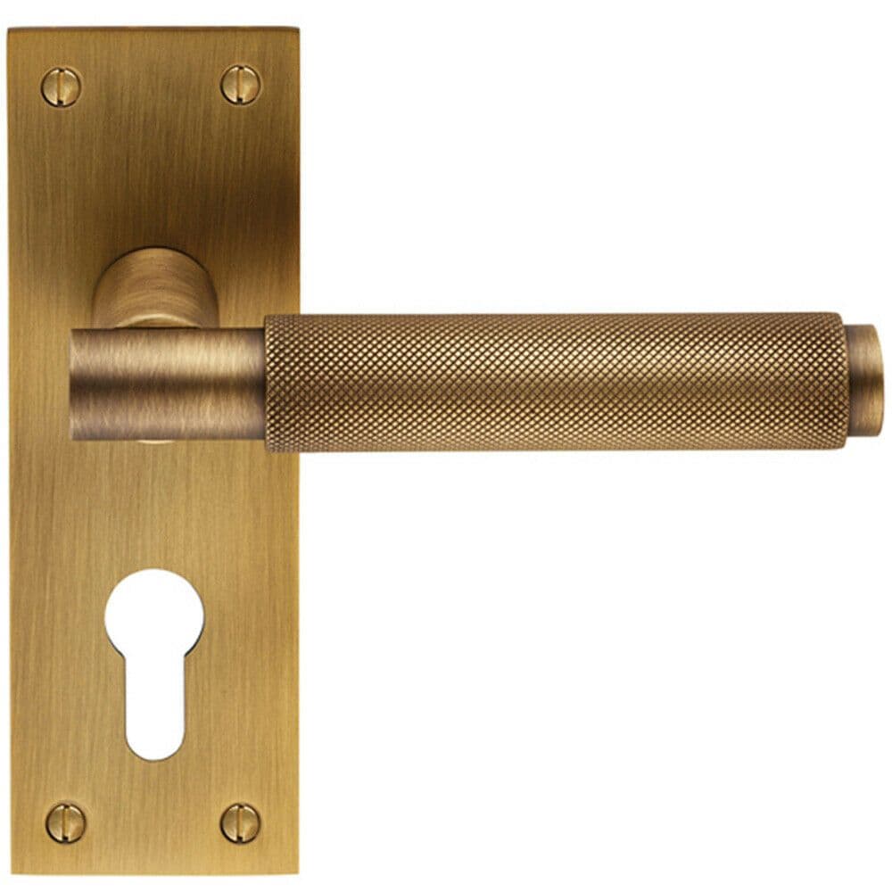 PAIR Knurled Round Lever on Slim Euro Lock Backplate 150 x 50mm Antique Brass