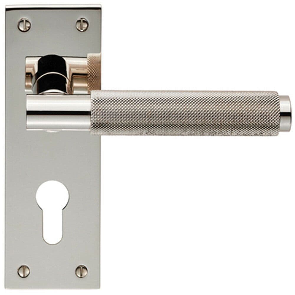 PAIR Knurled Round Lever on Slim Euro Lock Backplate 150 x 50mm Polished Nickel