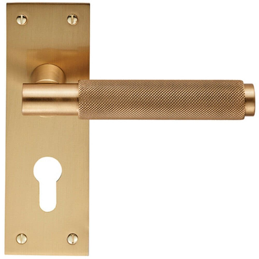 PAIR Knurled Round Handle on Slim Euro Lock Backplate 150 x 50mm Satin Brass