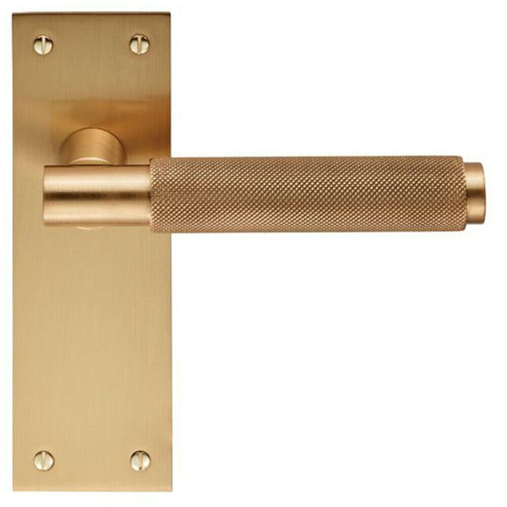 PAIR Knurled Round Handle on Slim Latch Backplate 150 x 50mm Satin Brass