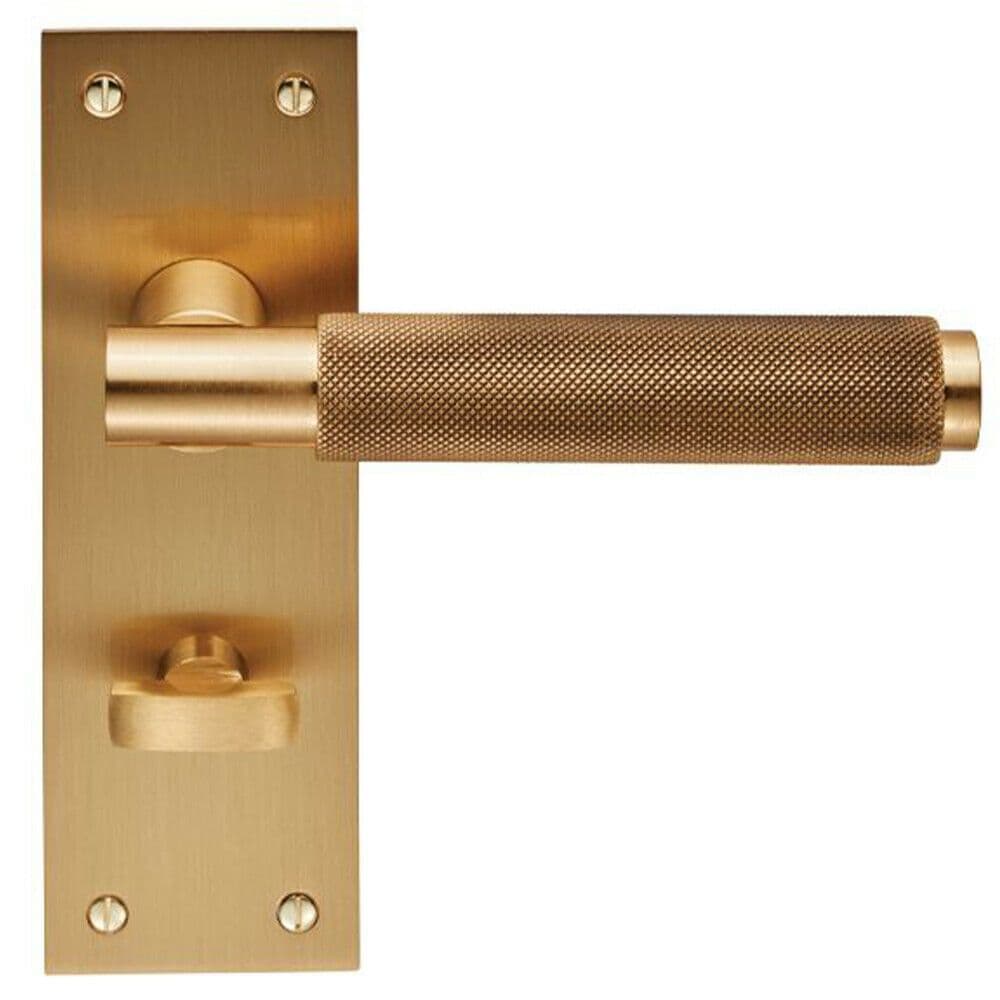 PAIR Knurled Round Handle on Slim Bathroom Backplate 150 x 50mm Satin Brass