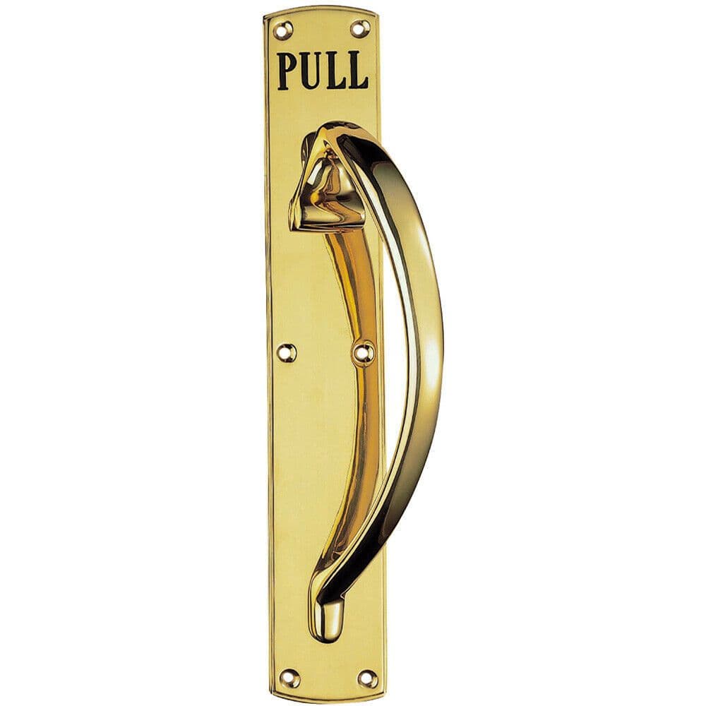 Curved Right Handed Door Pull Handle Engraved Pull Polished Brass