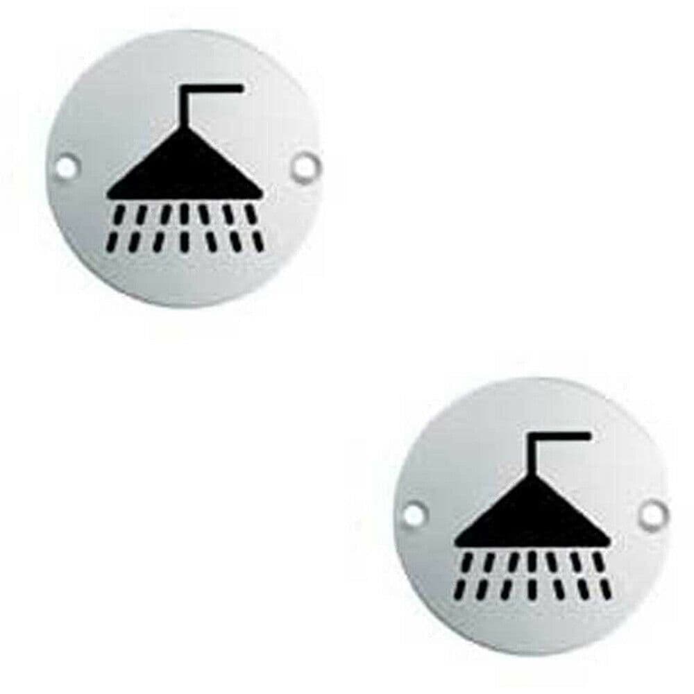 2x Bathroom Door Shower Symbol Sign 64mm Fixing Centres 76mm Dia Satin Steel