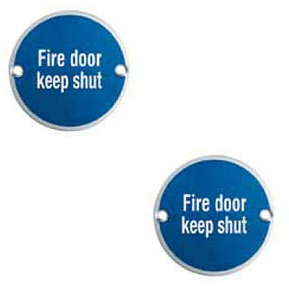 2x Fire Door Keep Shut Plaque 76mm Diameter Satin Aluminium Door Accessory