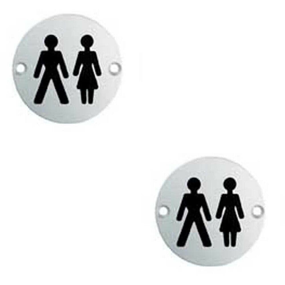 2x Bathroom Door Symbol Sign 76mm Diameter Satin Anodised Aluminium